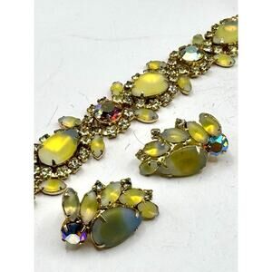 Vintage Bracelet And Earring Art Glass Ab Crystal Gold Tone